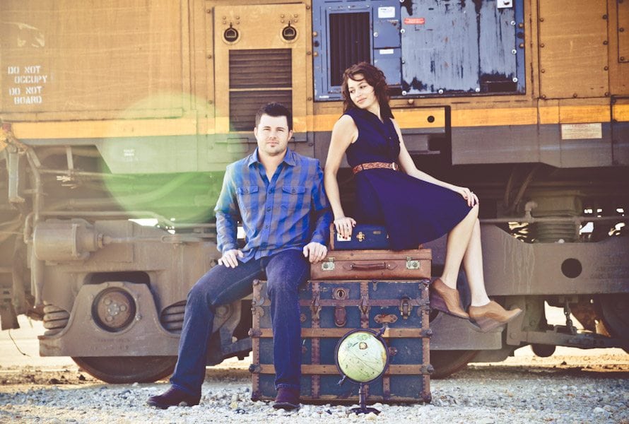 A vintage trunk and train engagement session.  