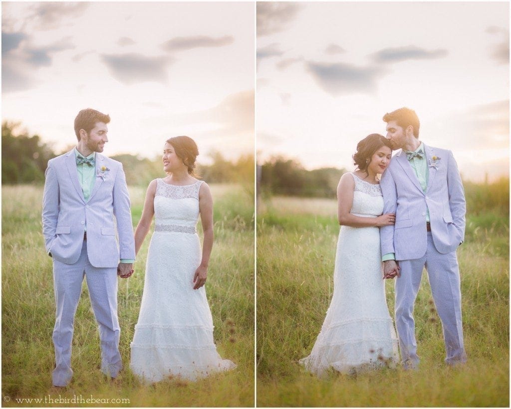 Bride and groom at their pecan springs ranch wedding at sunset