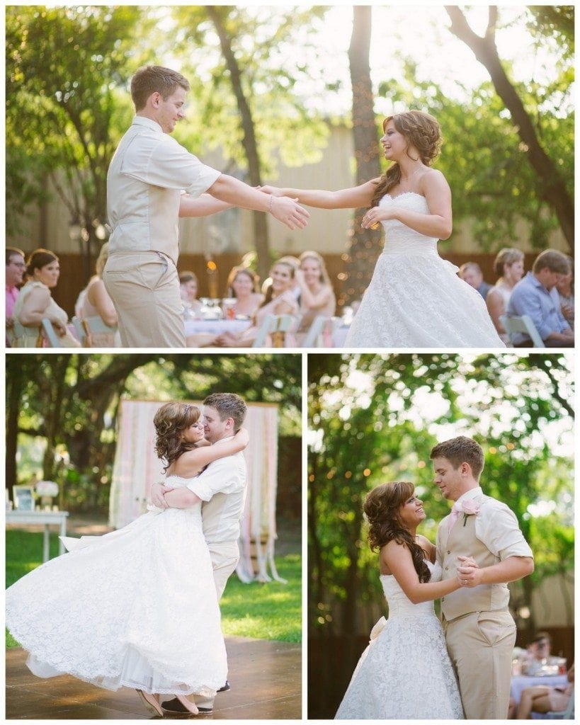 The bride and groom's first dance outside in the late afternoon at Oak Tree Manor in Spring, TX. 