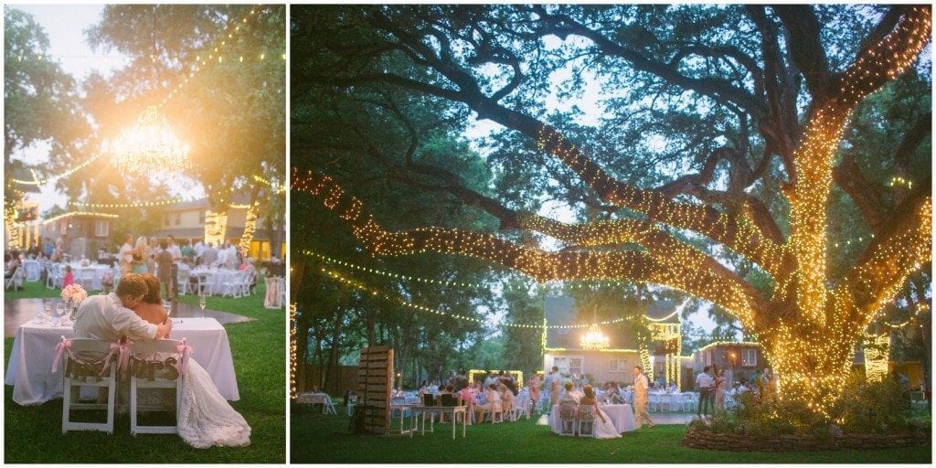 Night time under the large tree at a wedding reception at Oak Tree Manor in Spring, TX.  