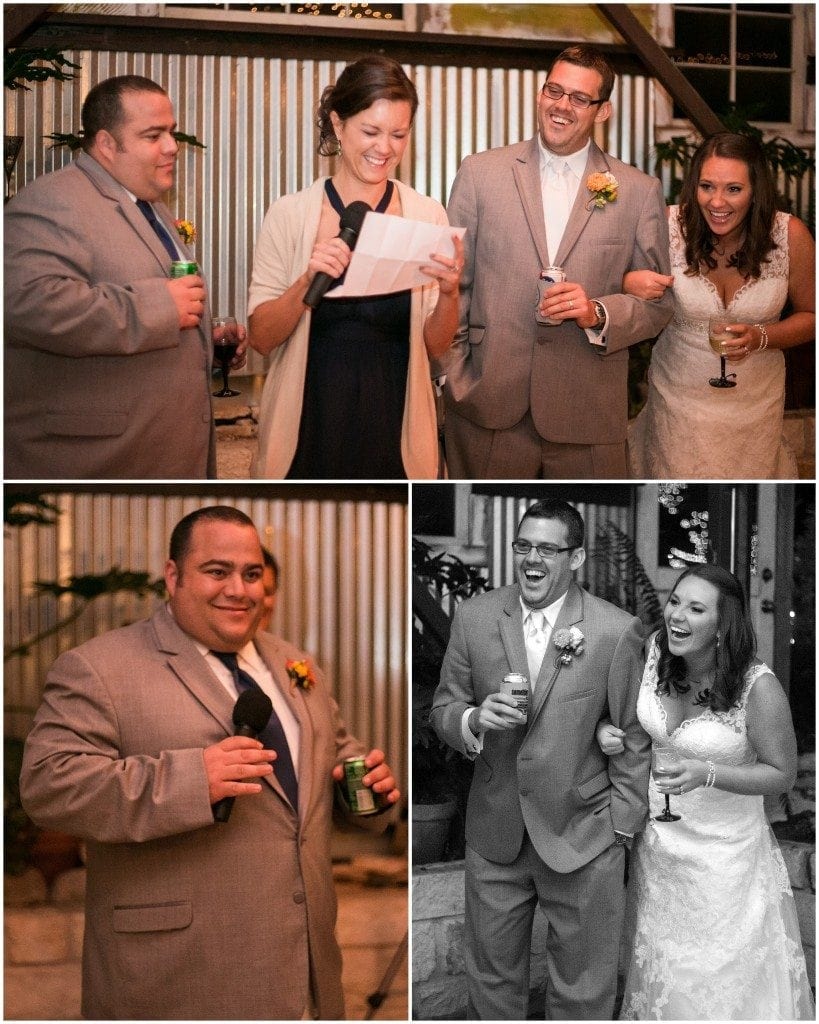 The best man and maid of honor give toasts to the bride and groom at their Inn at Wild Rose Hall wedding reception.
