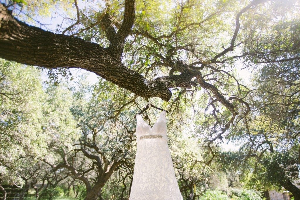 Bride's dress hangs from a green tree at the Inn At Wild Rose Hall/
