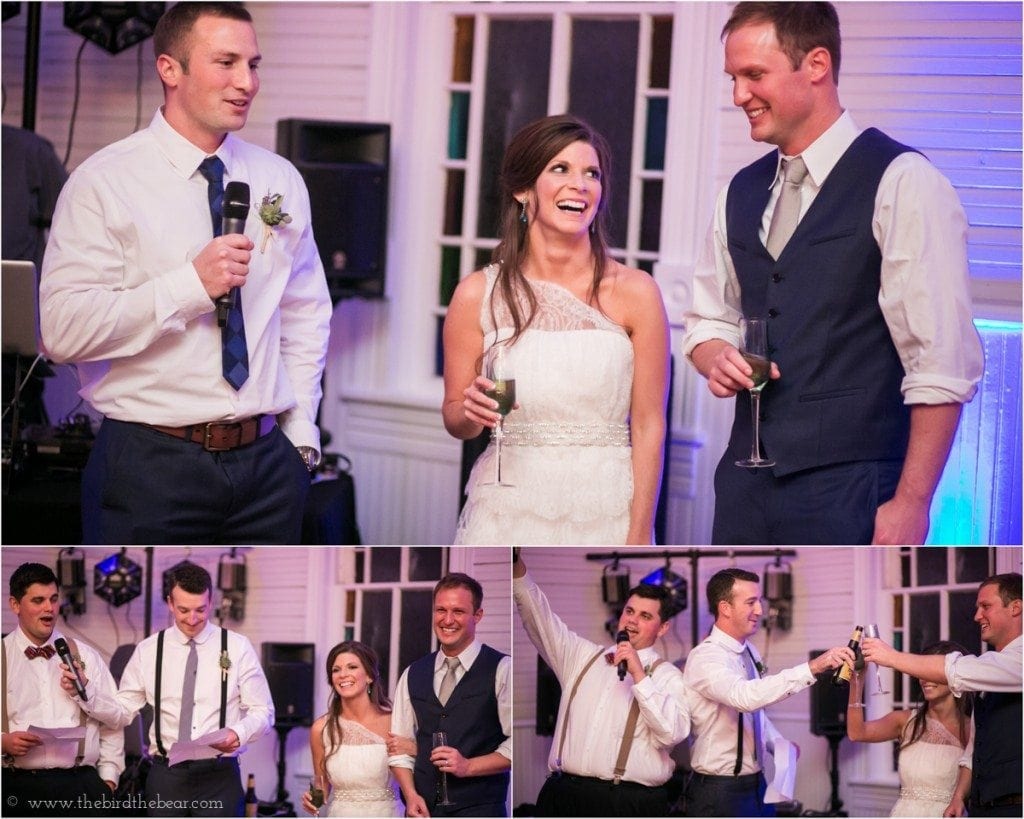 The best man gives a toast to the bride and groom at their wedding reception.