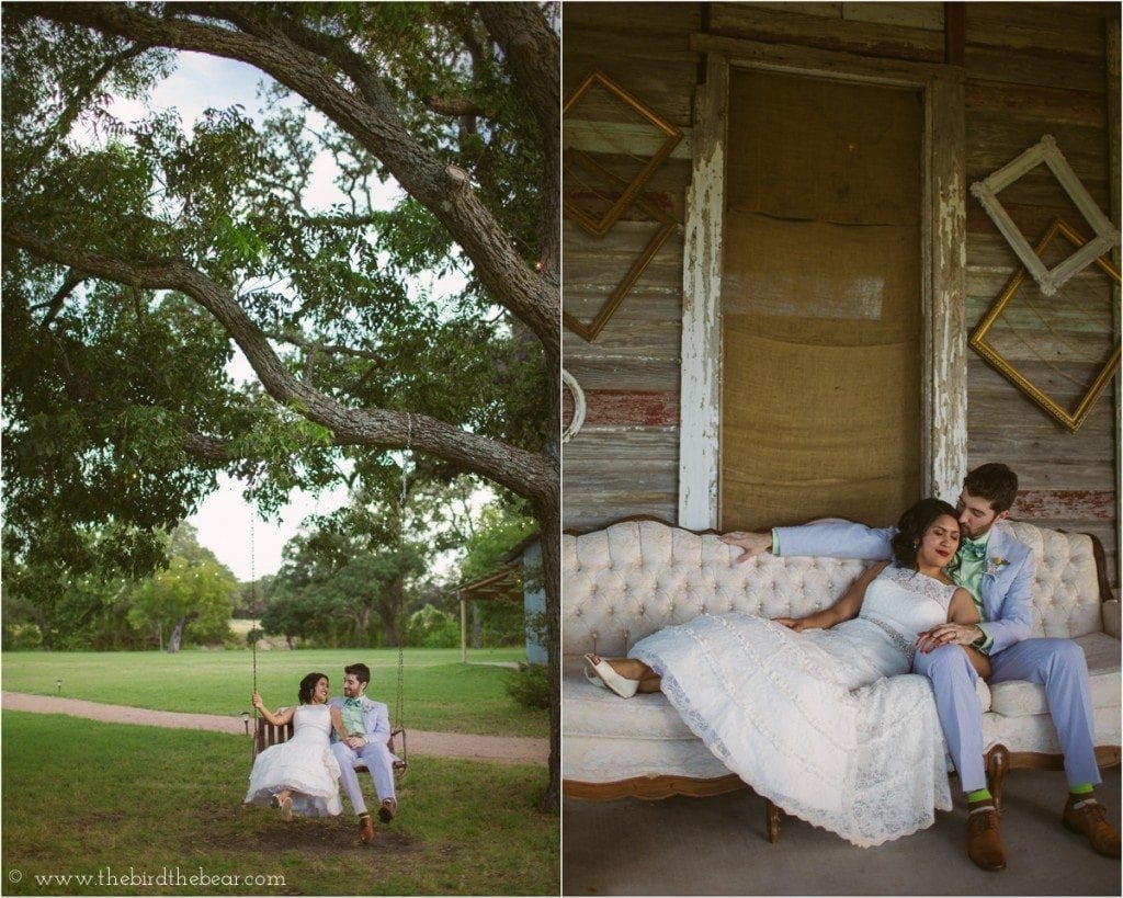 Bride and groom swing underneath a Pecan tree at their wedding reception.