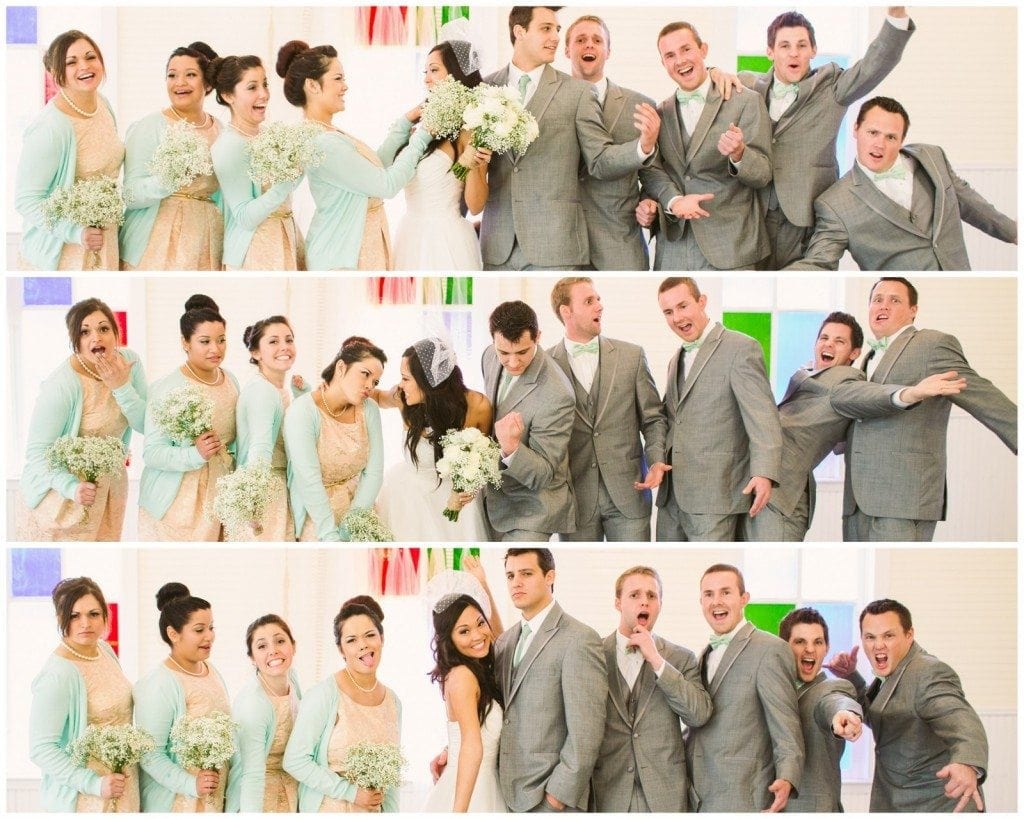 The bridal party smiles and goofs off during portraits after the wedding.