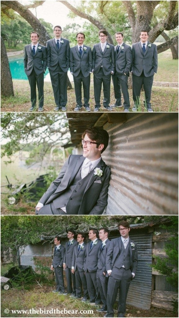Groom and groomsmen standing by the barn at Kendall Plantation.