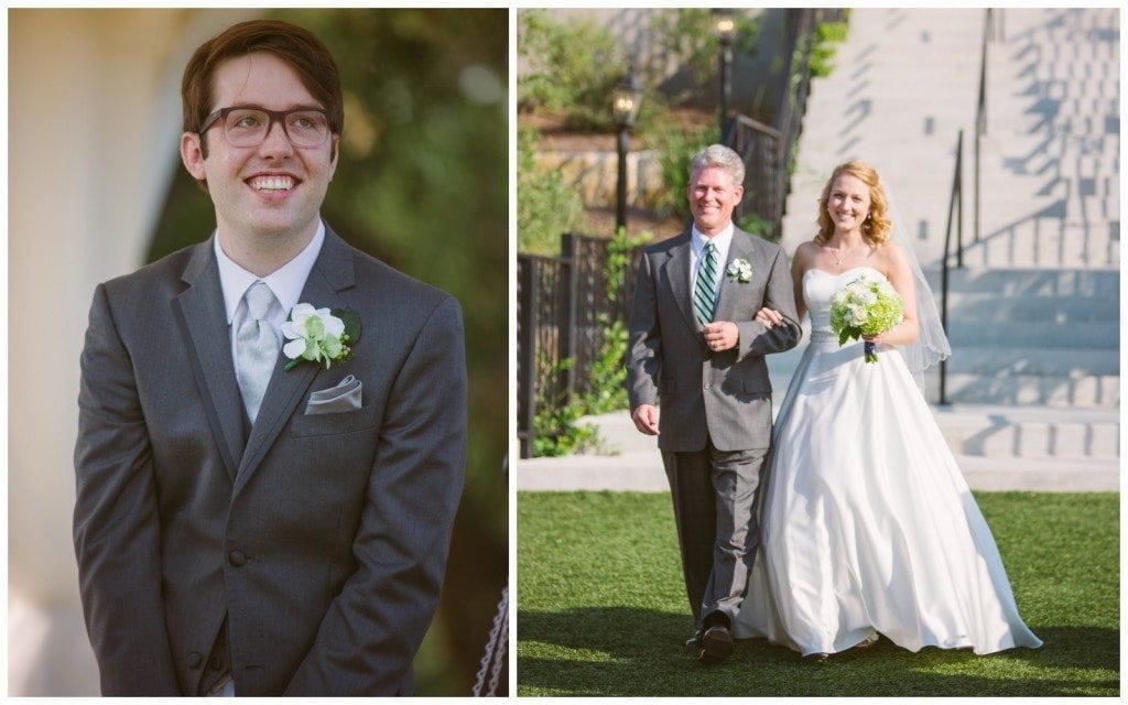 Groom smiles as the bride walks down the aisle at their wedding in Boerne, TX.