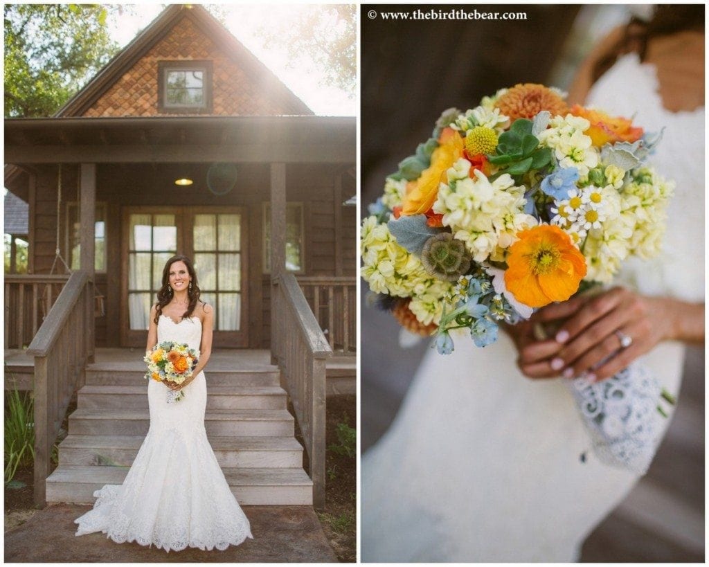 Bride holding bouquet at the bridal cottage before her wedding at Camp Lucy.