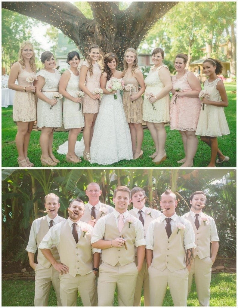 The bridesmaids and groomsmen smile together for portraits after a wedding at Oak Tree Manor.  