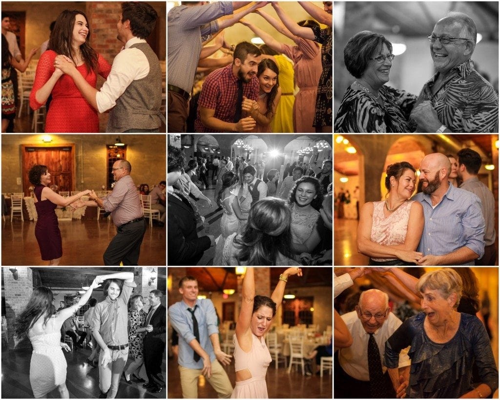 Guests dancing during a wedding reception at Olde Dobbin Station in Montgomery, TX. 