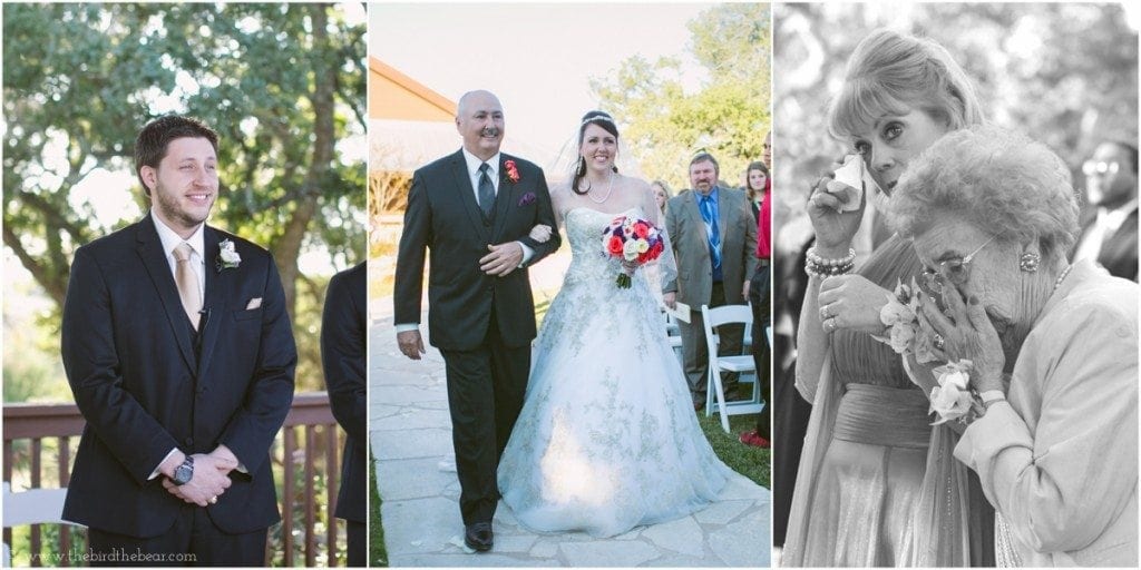 Bride walks down the aisle with her father at her wedding at Gabriel Springs in Georgetown, TX. 