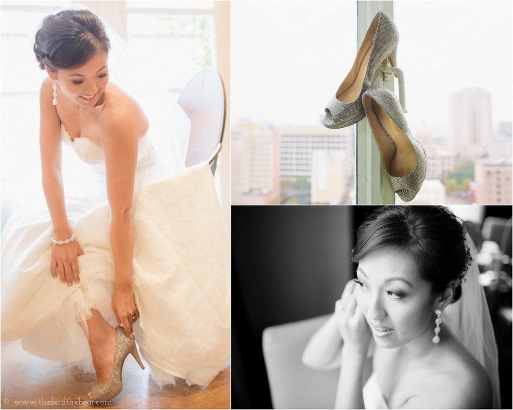 The bride puts on her sparkly gold heels for her wedding.