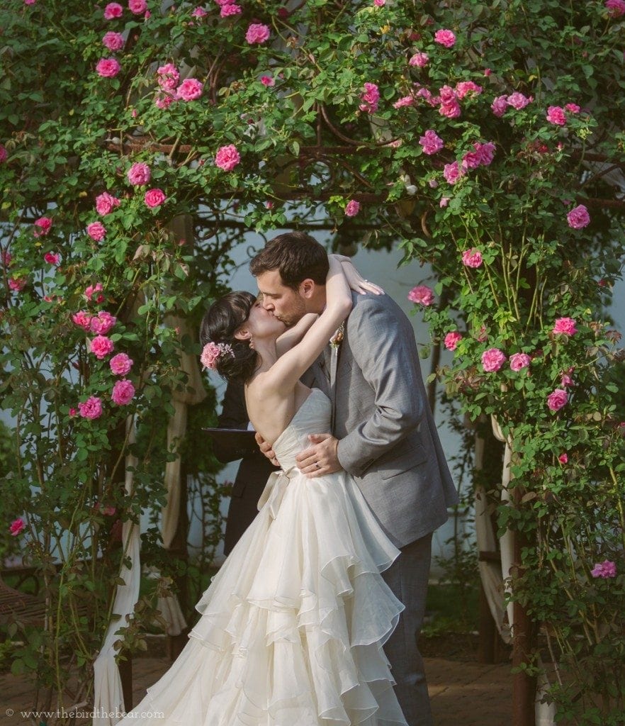 first kiss at a wedding at the hummingbird house in austin, tx