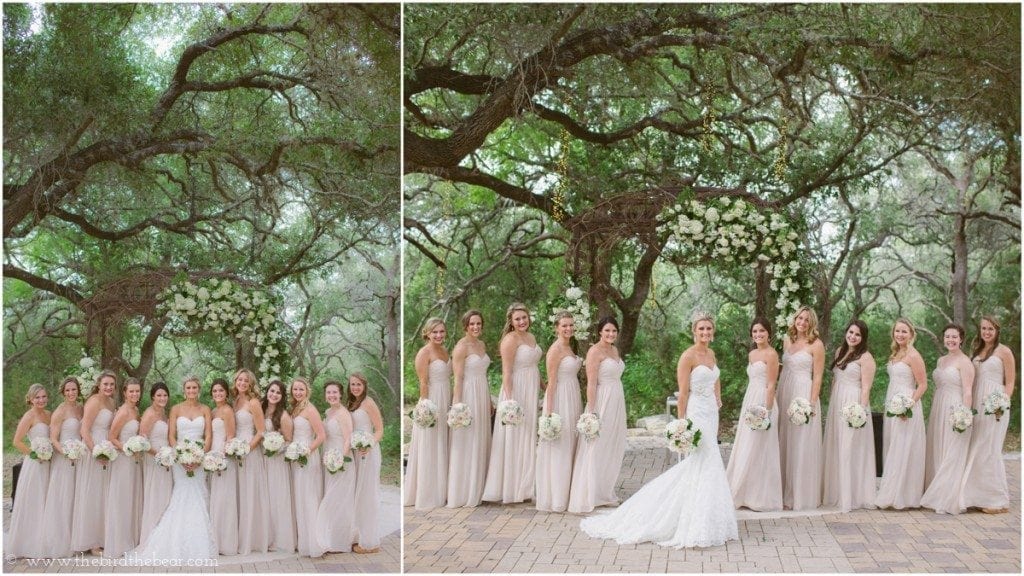 Bridesmaids under the trees at Sacred Oaks Camp Lucy