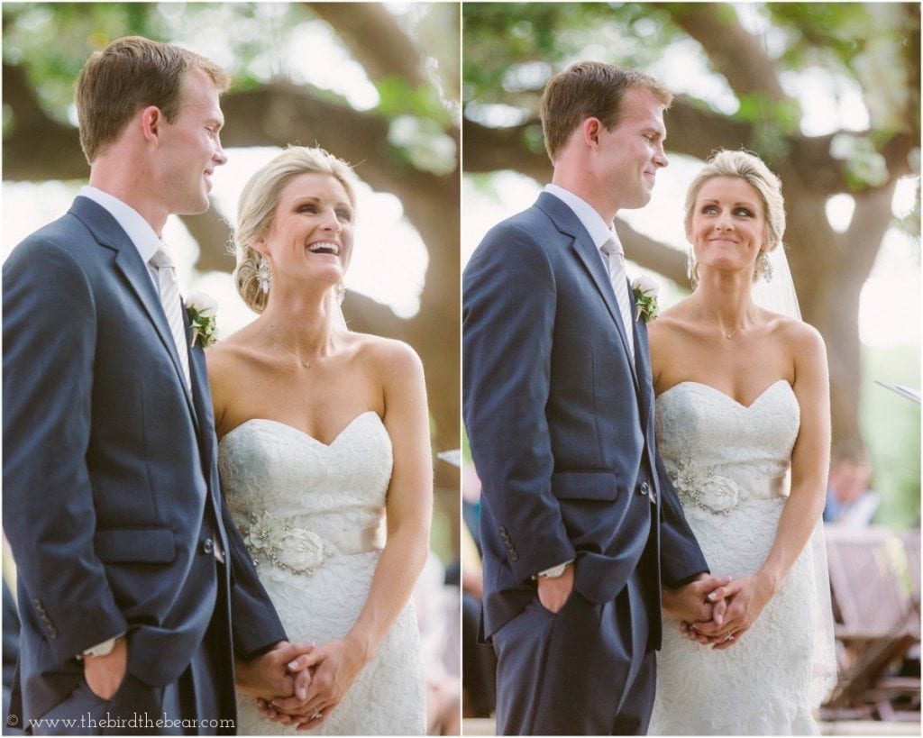 The bride and groom laugh together during their wedding ceremony at Sacred Oaks at Camp Lucy.