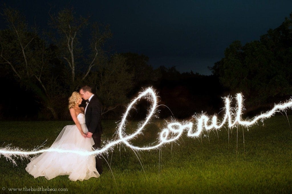 Sparkler portrait with the bride and groom during their wedding.