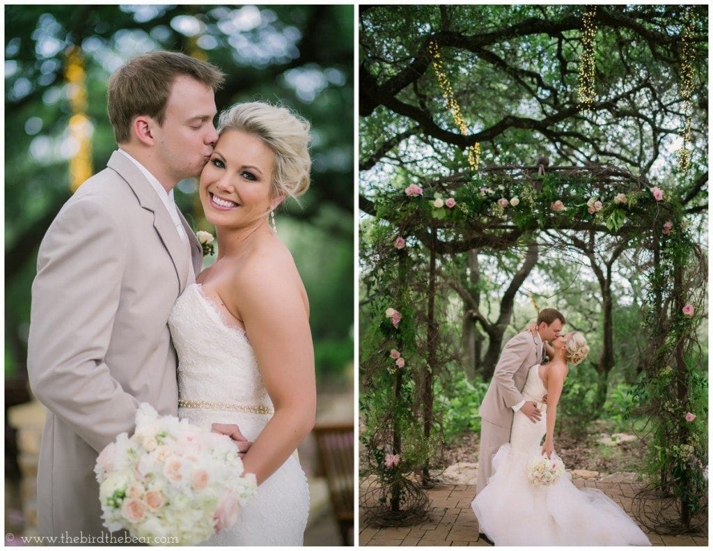 The groom kisses the bride's cheek at their wedding at Sacred Oaks in Dripping Springs.