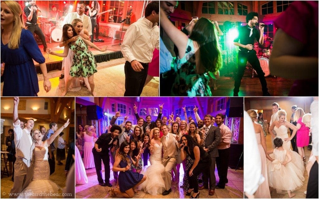 Guests dance to the music at the bride and groom's wedding reception.