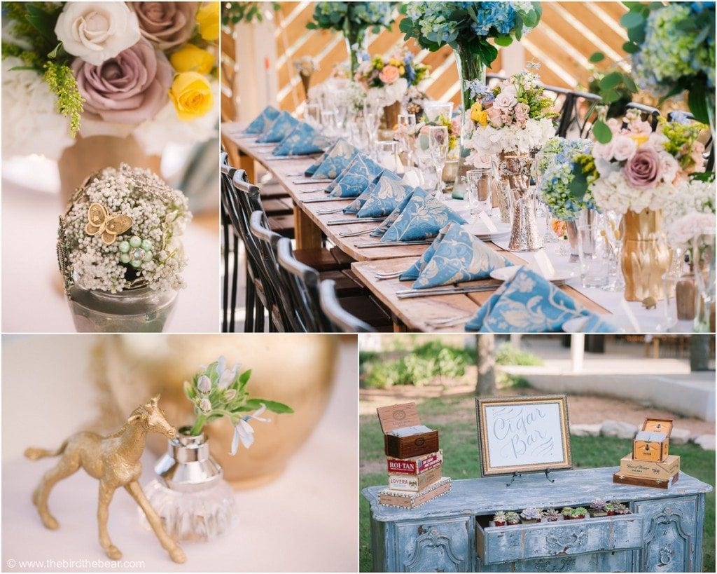 Beautiful wedding reception set-up with blue cloth napkins.