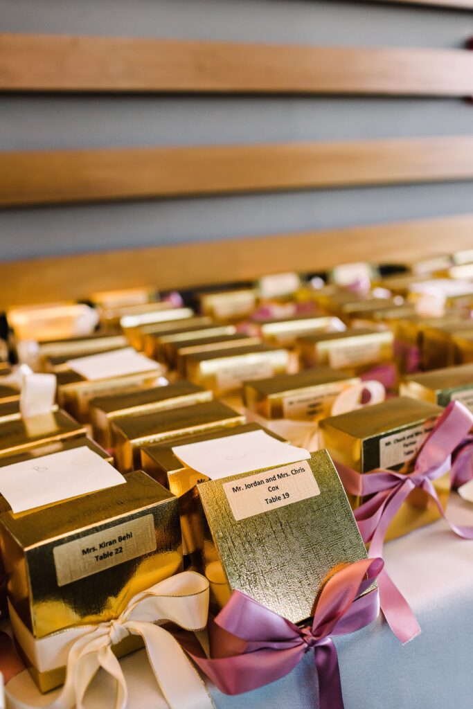 Gold boxes as wedding favors at Lakeway Resort wedding
