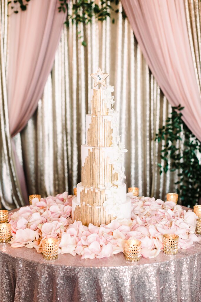 Gold wedding cake at Lakeway Resort wedding