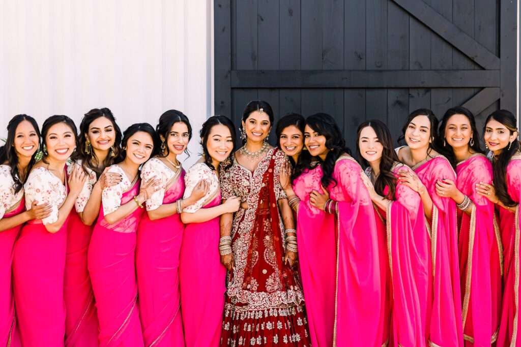 Bride with bridesmaids in pink dresses at Maes Ridge wedding