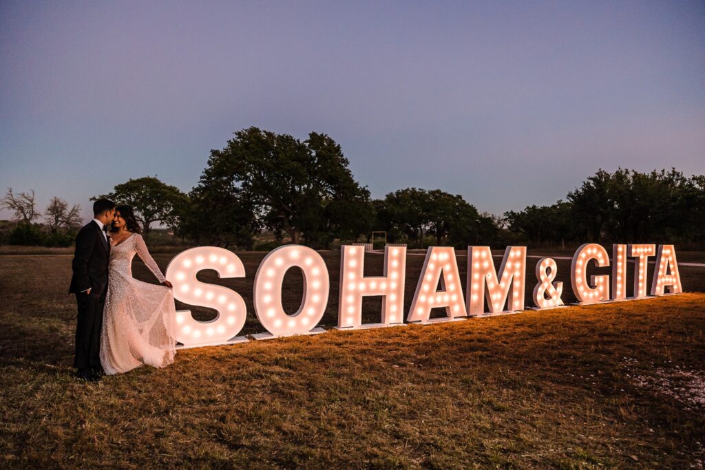 Alpha marquee letters that spell out Soham and Gita at Maes Ridge wedding